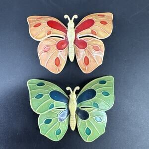 Vintage Enamel Butterfly Brooches Green/Orange Pin Brooch Signed W. Germany